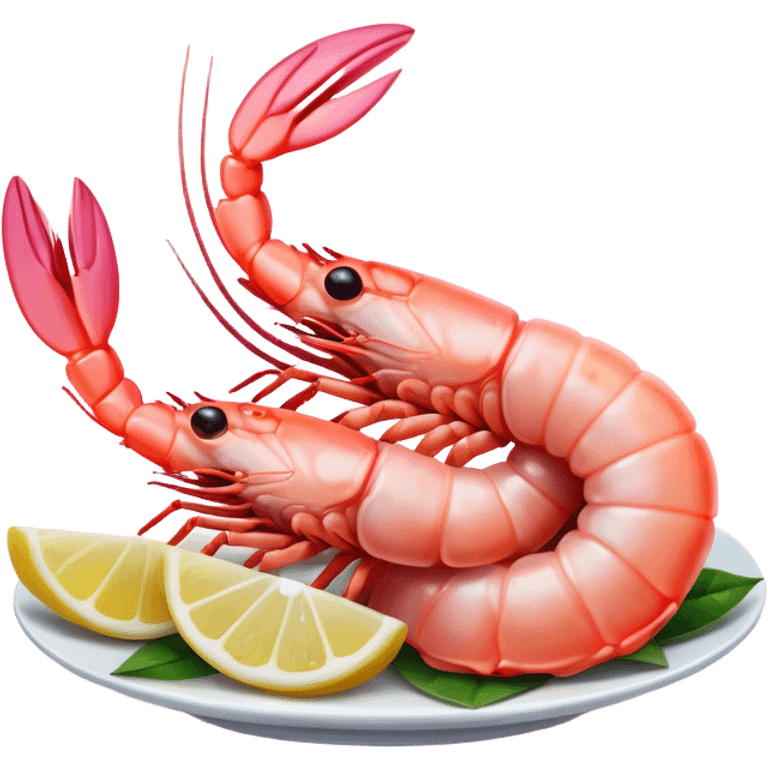 Cinematic glistening shrimp, pink and juicy, slightly curled with a light char, served with lemon wedges, ultra-detailed and fresh, warm glowing background. emoji