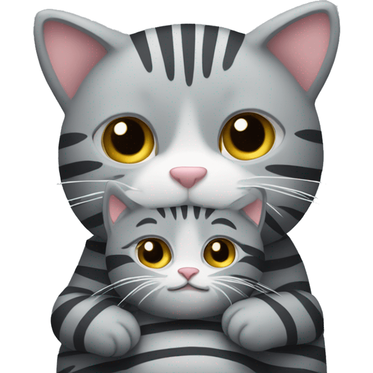 A big grey stripy cat cuddling a small grey stripy cat emoji