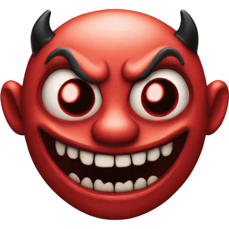 Scary evil demon with red face and black eyes with creepy wide smile emoji