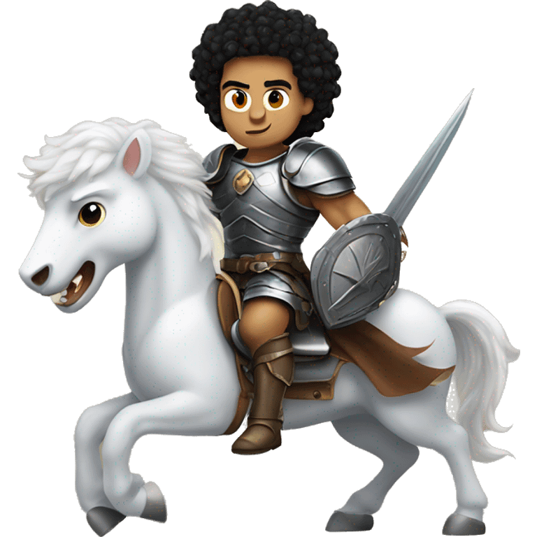 Muscular white guy with curly black hair riding a fierce bird with armor emoji