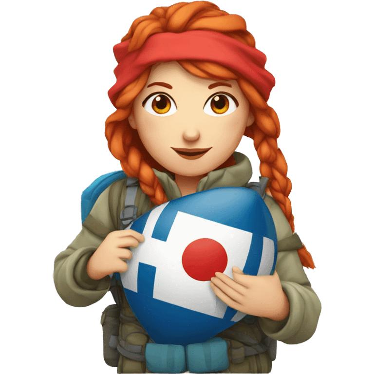 female winter mountaineer red hair holding red egg and greek flag  emoji