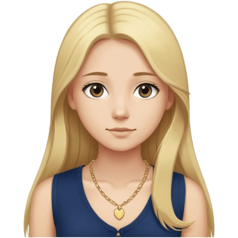 white skinny girl with long blonde hair straightened with a MIDDLE part. She is wearing a sleeveless navy blue Henley shirt with a small dainty girly gold necklace emoji