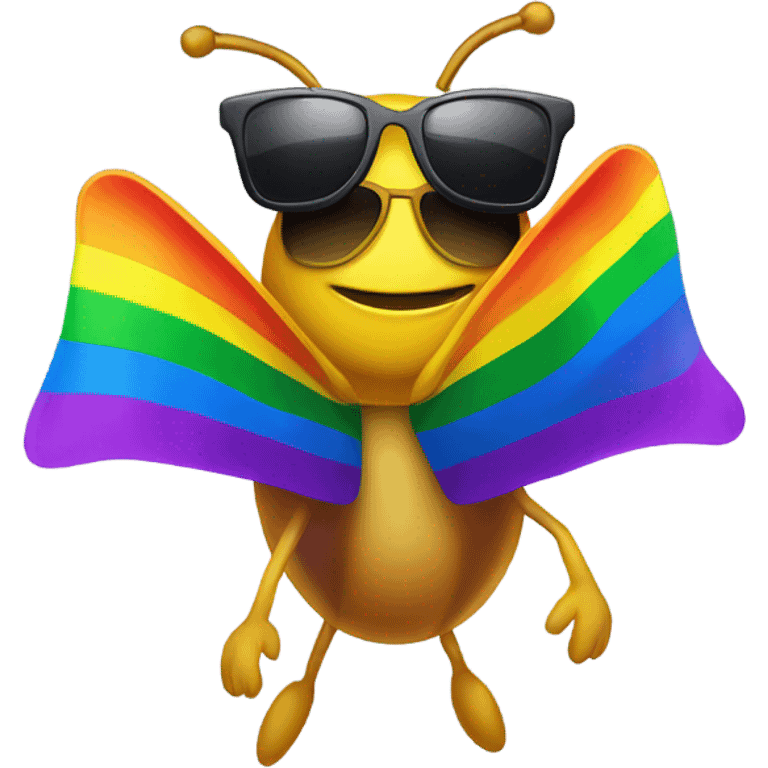 Lightning bug illuminated with sunglasses holding a rainbow flag emoji