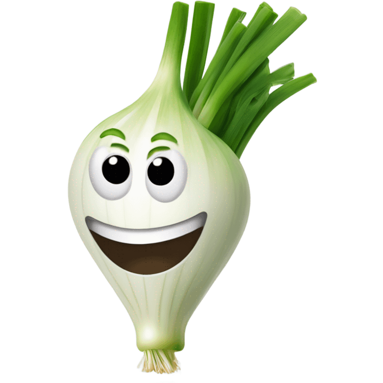 Smiling green onion with a bundle of long, thin green stalks as hair, big expressive eyes, and a cheerful cartoonish face on the white bulb section. Vibrant and playful design. emoji