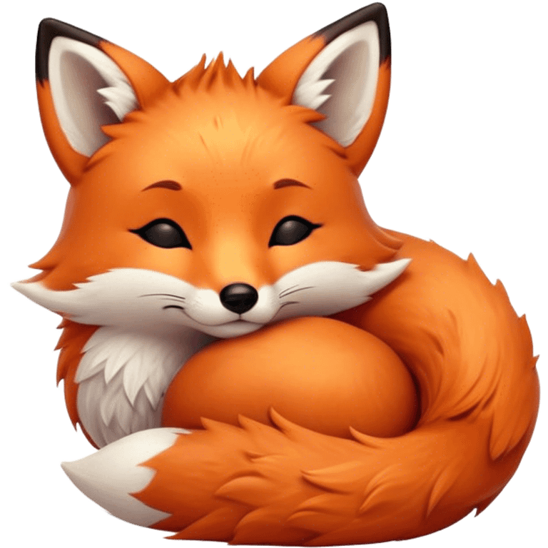 Cinematic cute sleepy fox, curled into a cozy fluffy ball, warm glowing fur, tiny black nose resting on its tail, soft breathing visible, peaceful and charming. emoji