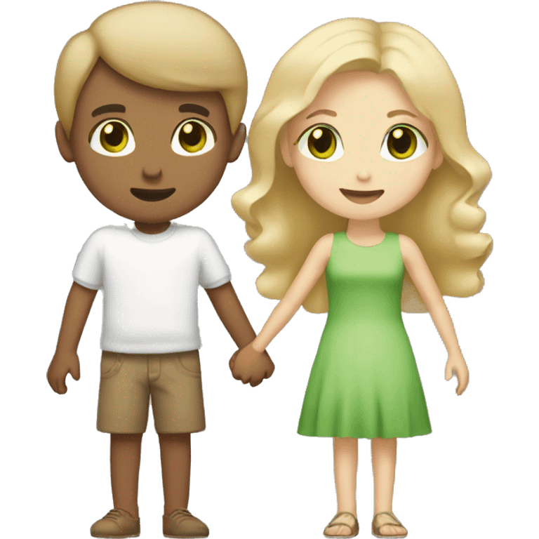 blonde girl with green eyes holding hands with boy with brown hair and brown eyes emoji