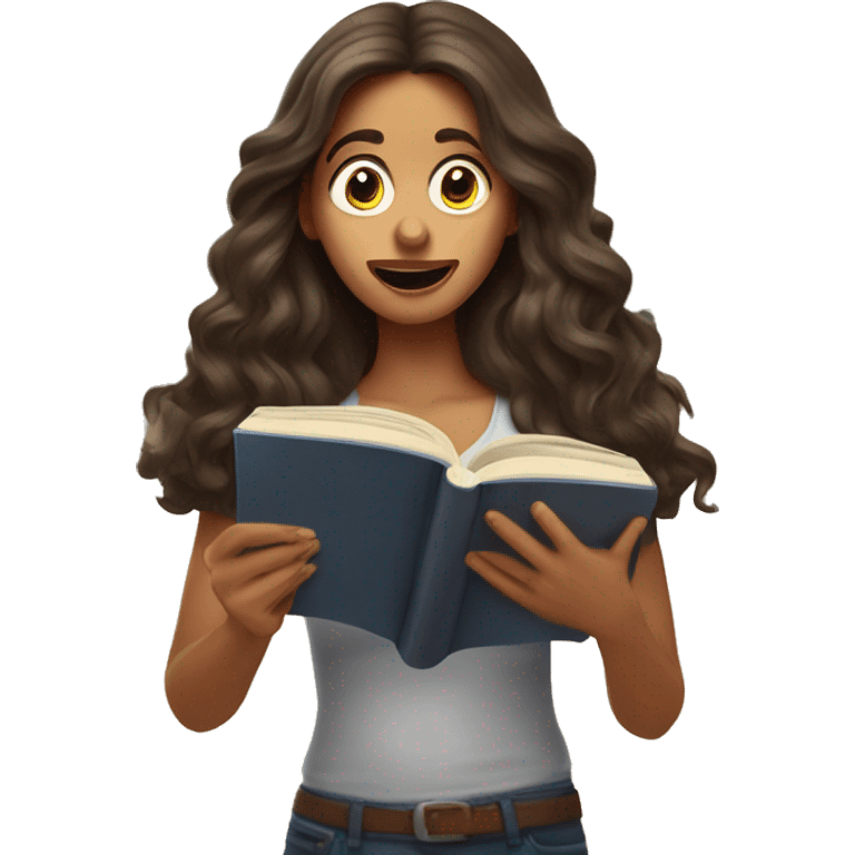 brunette long wavy hair woman shocked face while holding and reading book emoji