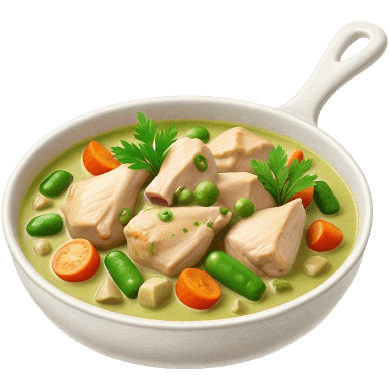 Green Chicken Curry Cinematic Realistic Green Chicken Curry Dish Emoji, depicted as tender chicken chunks simmered in a fragrant green curry sauce with vegetables, rendered with vivid textures and dynamic, vibrant lighting. emoji