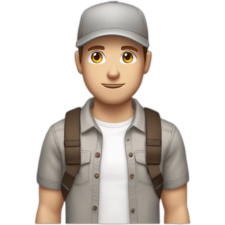 Pale skinned fit Man with dark brown hair in a light gray cap, dark brown jeans, brown polo and white T-shirt keeping a pasted with tape white box into his hands emoji