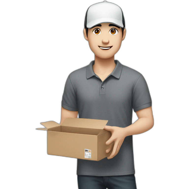 Pale skinned Man with black hair in a white cap and dark gray polo T-shirt keeping a box into his hands emoji