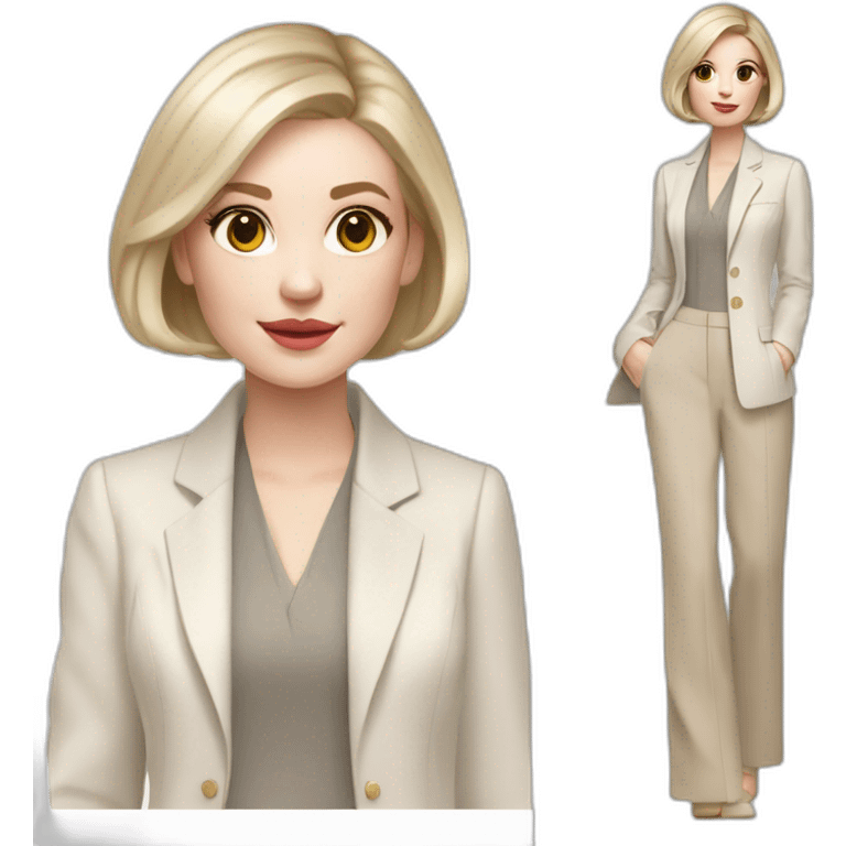 pale skin woman with ash blonde Straightened bob Hair, White Spacious classical jacket, beige palazzo Arrow pants and gray blouse holding a color palette in the hands emoji