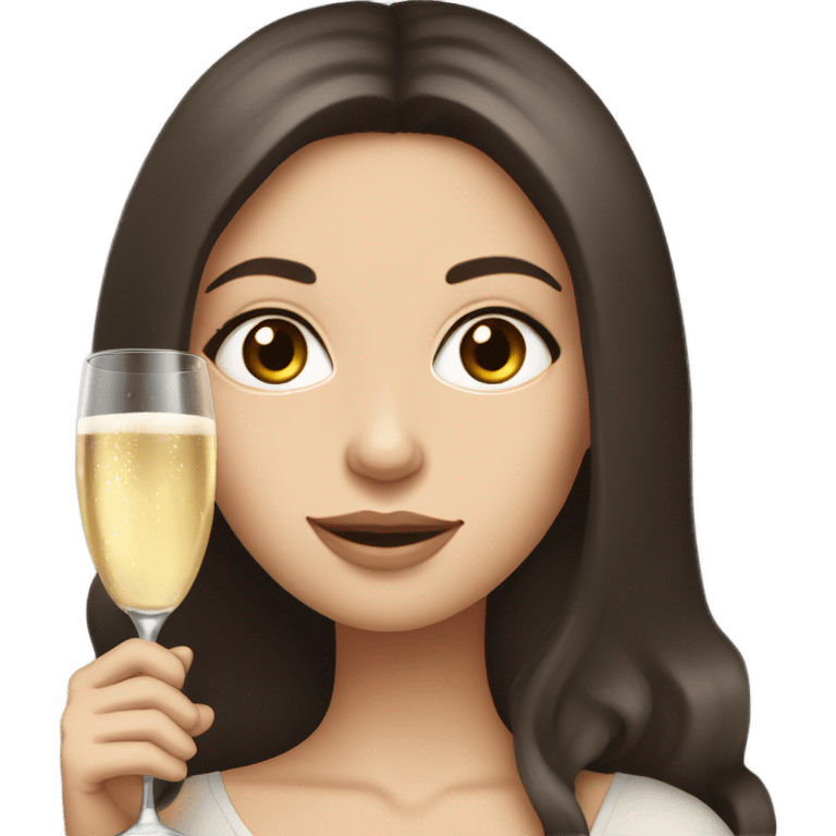 White girl with long dark brown hair and dark brown eyes holding a champagne glass emoji