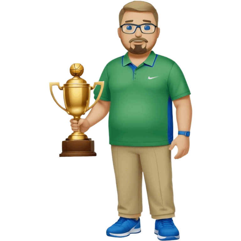  full body white obese male basketball coach with trophy. Goatee , Wearing glasses and blue and green nike polo shirt and khaki pants emoji