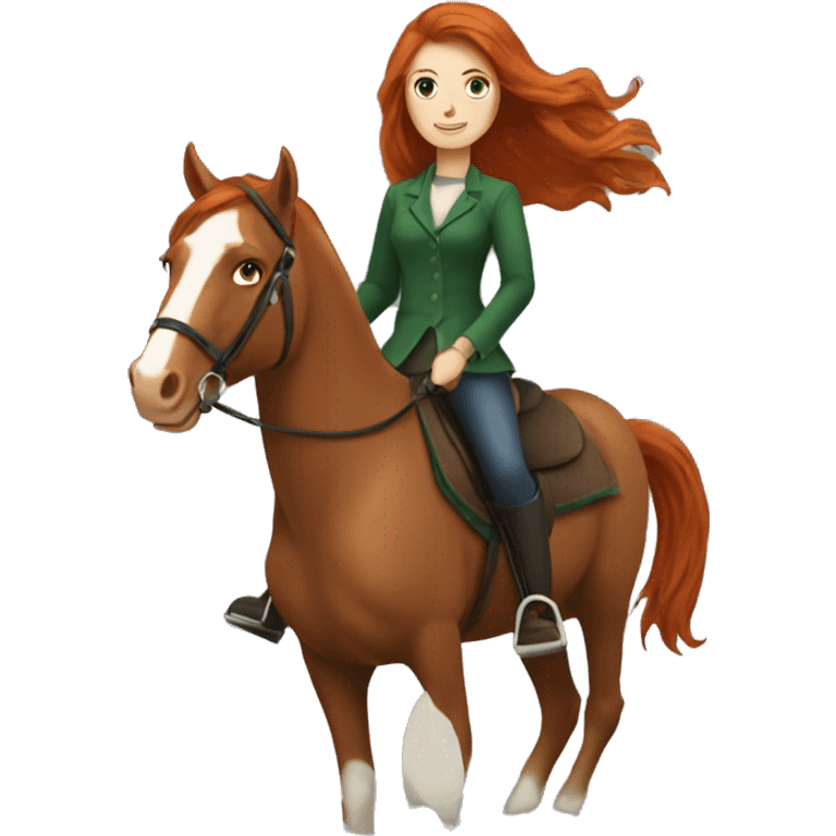 long-haired redhead woman with green eyes, on a horse back riding emoji