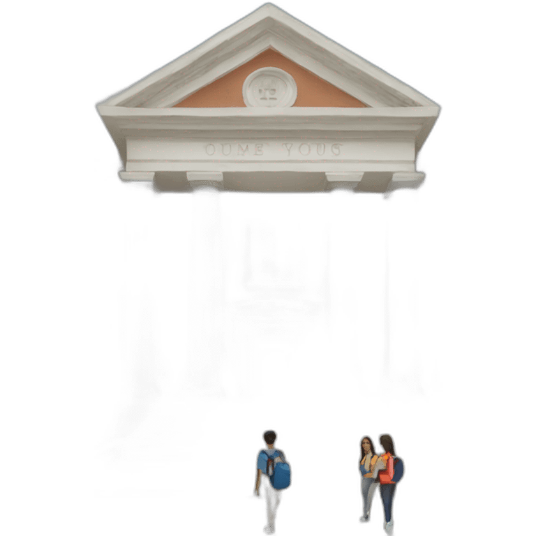 image of college building with a student emoji