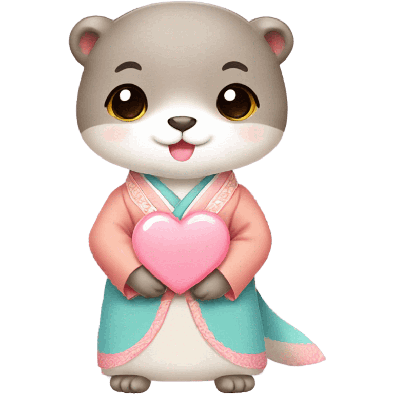 A cute and lovely otter dressed in pastel-colored traditional Korean hanbok, holding a coral-pink heart emoji