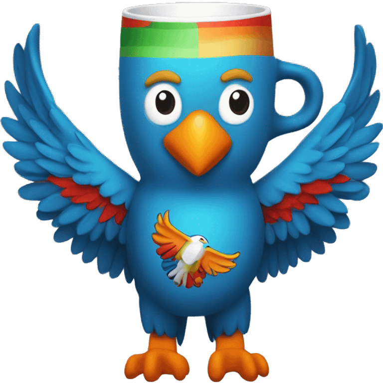 create a blue eagle with orange, red and green colored wings. holding a mug. On that mug it says: Studio Art Power. emoji