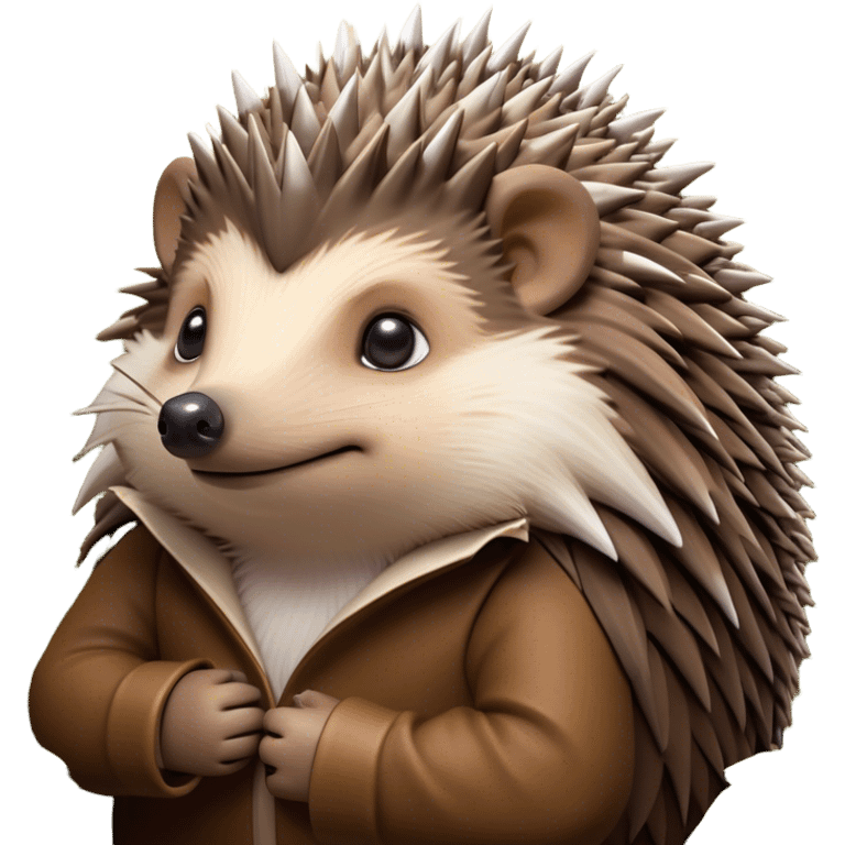 Cinematic Noble Hedgehog Portrait Emoji, Poised and regal, with a compact, spiky build and a rich, earthy Fur of brown spines and a soft underbelly, deep-set soulful beady eyes, Simplified yet sharp and sophisticated features, highly detailed, glowing with a warm, dignified glow, high shine, intelligent and endearing, stylized with an air of woodland charm, focused and attentive, soft glowing outline, capturing the essence of a watchful and confident little hedgehog, so majestic it feels as though it could scurry out of the screen with effortless authority! emoji