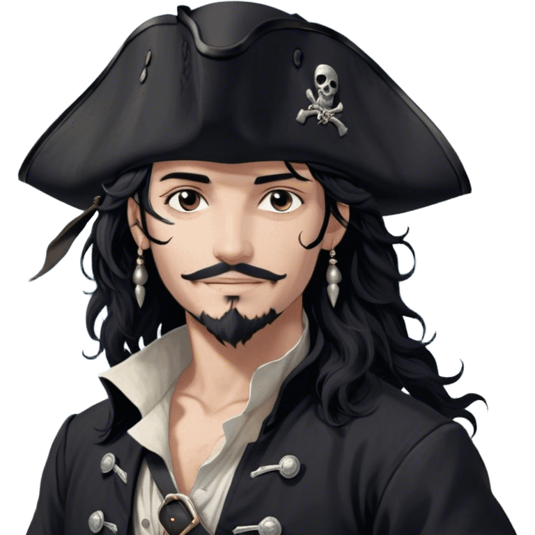 A charismatic pirate with wavy black hair that falls just past his shoulders, tousled slightly by the sea breeze. He wears a black tricorn hat with subtle silver embroidery along the edges, casting a shadow over his sharp, confident features. His piercing dark eyes glint with mischief as he gazes to the side, a knowing smile playing at his lips. His well-fitted black coat, adorned with polished silver buttons and intricate stitching, moves slightly with the wind, revealing glimpses of a deep-crimson waistcoat underneath. A silver chain dangles from his belt, catching the dim golden light of the setting sun. His posture is relaxed yet assured, exuding effortless charm as if he owns the sea itself. emoji