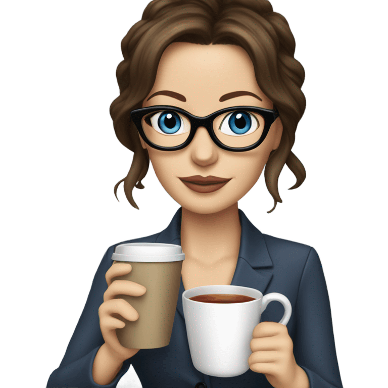 Lifelike Kate Beckinsale blue eyes wearing glasses in a business dress drinking a cup of tea  emoji