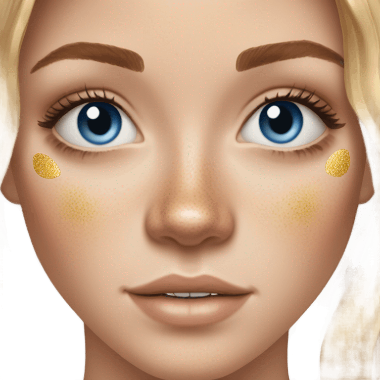 white girl with freackles, brunett hair ,blue eyes girl using Gold gel skin care patches under her eyes emoji