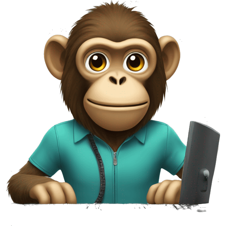 A monkey at a computer. There's a lot of money next to it. emoji