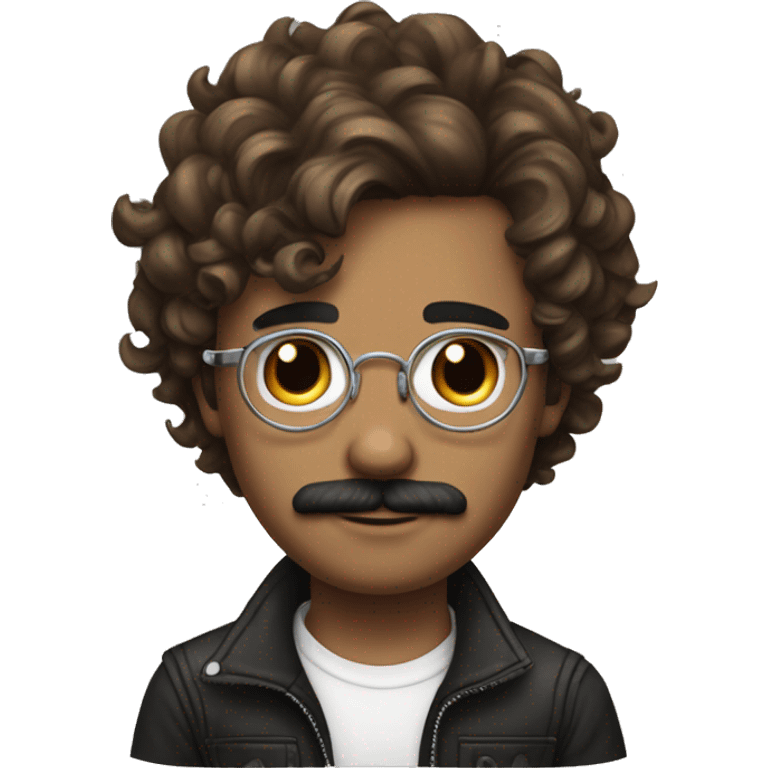 young adult man with brown wavy hair and arm tattoos, wearing brown outfit and black shoes, with silver wire glasses and moustache emoji