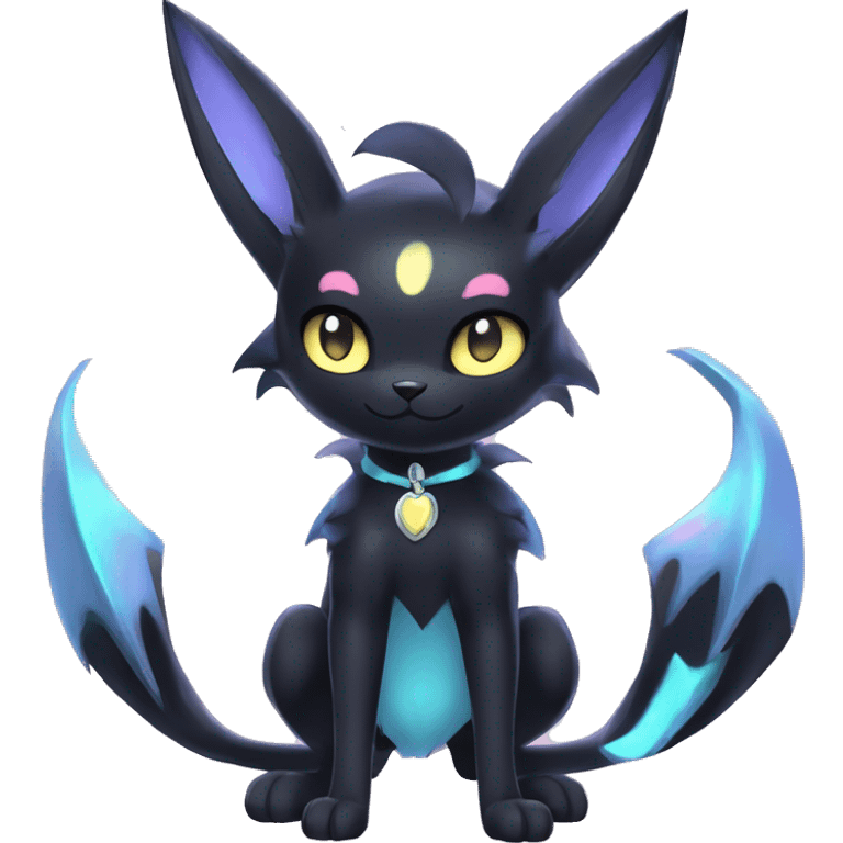 Shiny Cool Edgy pastel Black beautiful ethereal fantasy Kawaii Sona Umbreon-Noibat-Litten-Fakemon-cat-animal with edgy bat-ears black mane vtuber model Full Body emoji