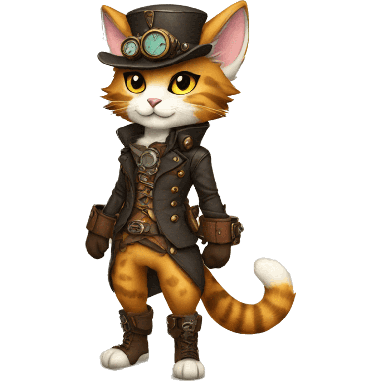 Anthro Fur-Sona feline-Fakémon with a steampunk-cap Full Body emoji