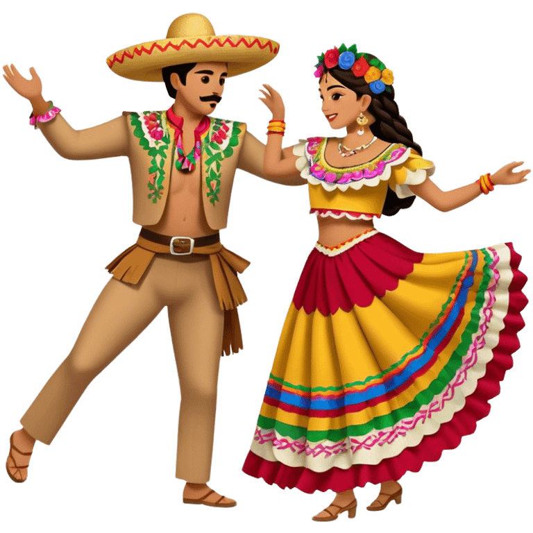 Cinematic Realistic scene of two performers dancing the Jarabe Tapatío, dressed in colorful traditional Mexican costumes with intricate embroidery, captured in energetic, festive motion with vibrant, celebratory lighting emoji