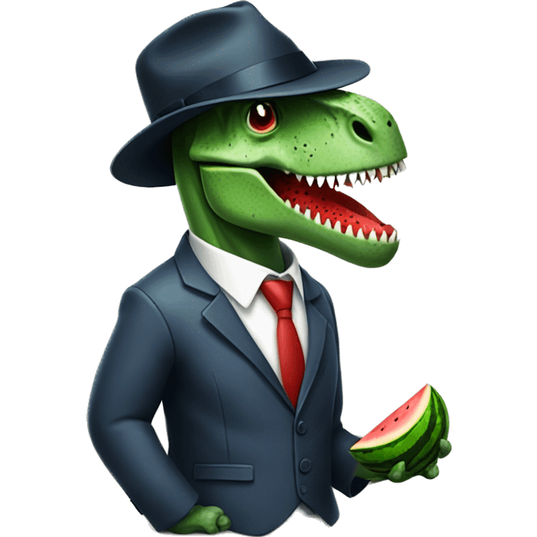 cool dinosaur wearing a suit and tie with a fedora eating watermelon emoji