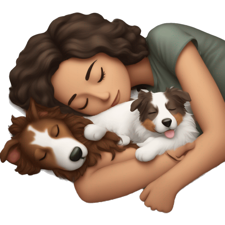 brunette woman sleeping with red tri australian shepherd emoji