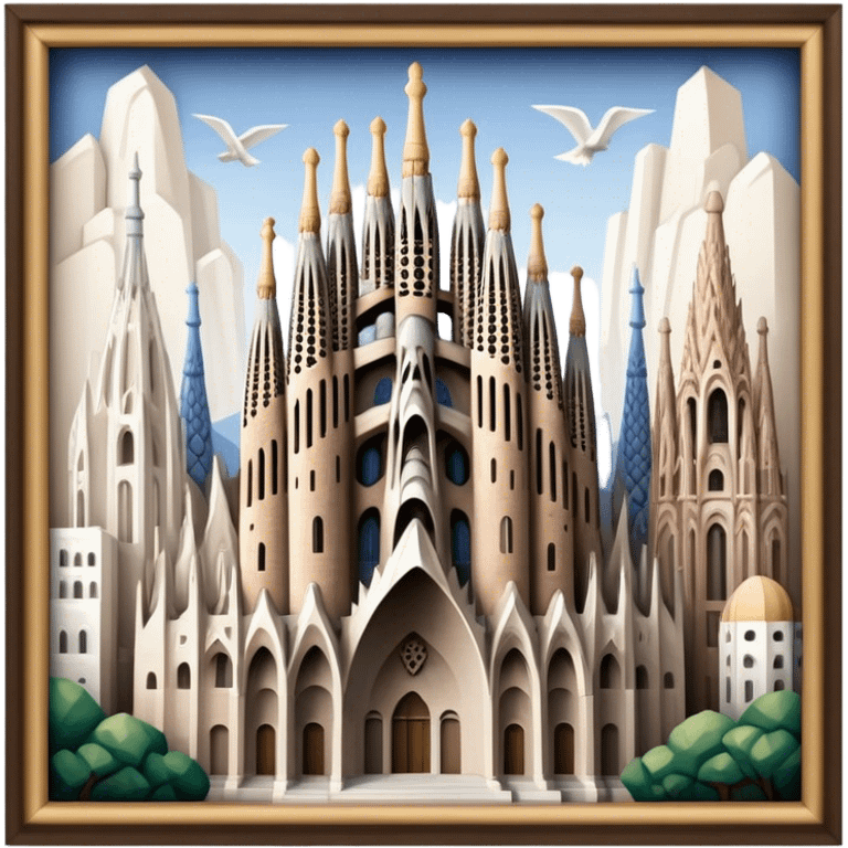 Cinematic Realistic Sagrada Fam√≠lia Landmark Emoji, depicted with the intricate, soaring architecture of the basilica rendered with detailed textures and dramatic, ethereal lighting. emoji