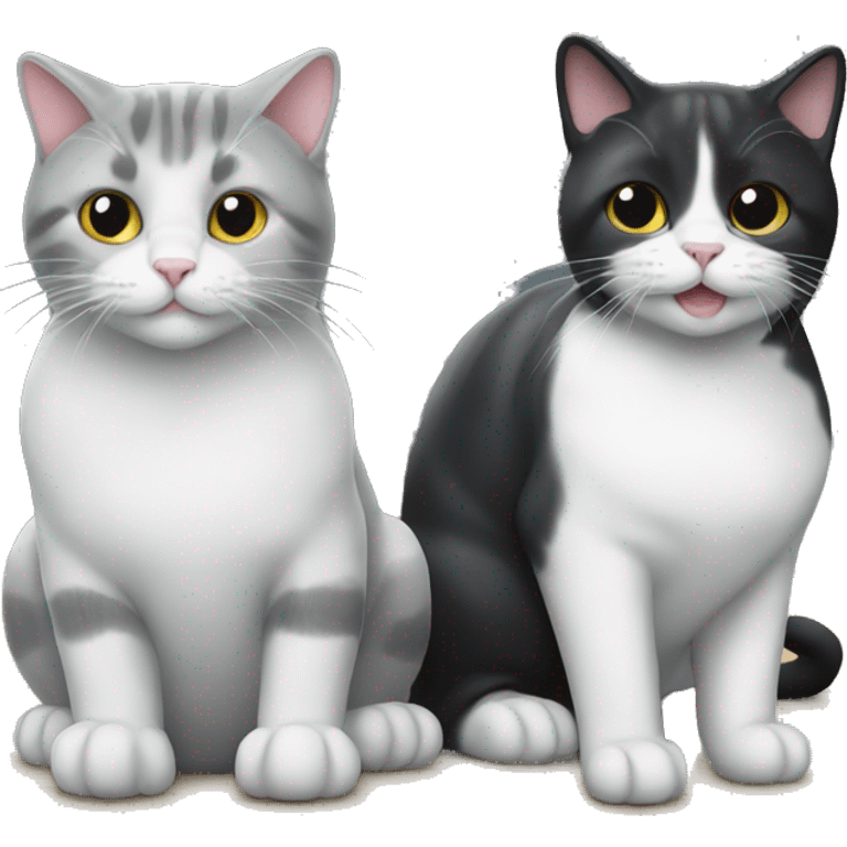 two cats: one that is grey and white, and one that is black emoji