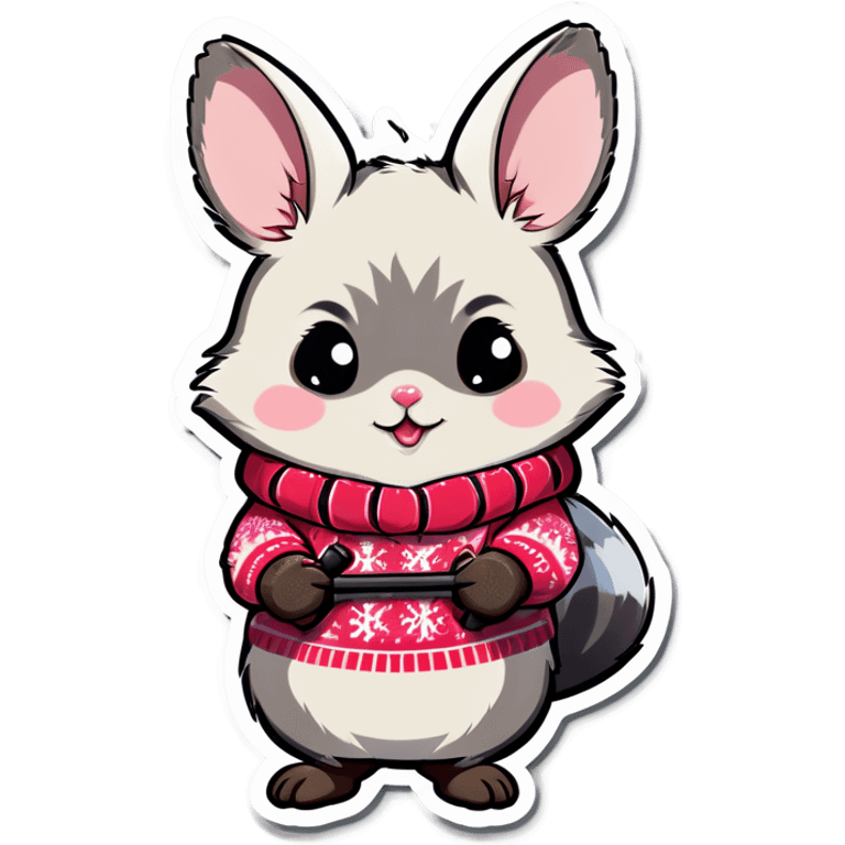 Cute girl chinchilla knitting on wearing snow skis emoji