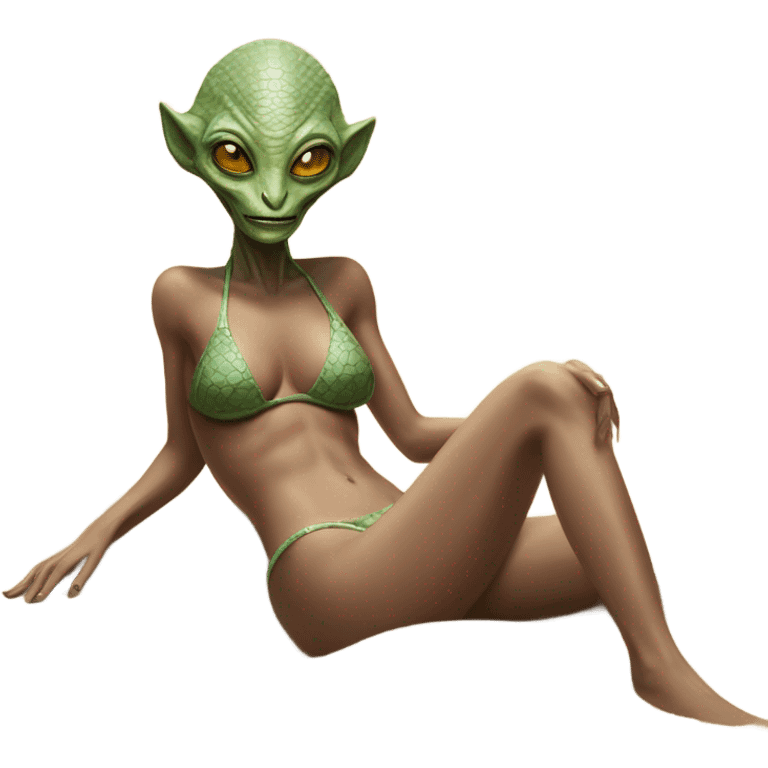 a Reptilian alien woman, in bikini  laying on the beach emoji