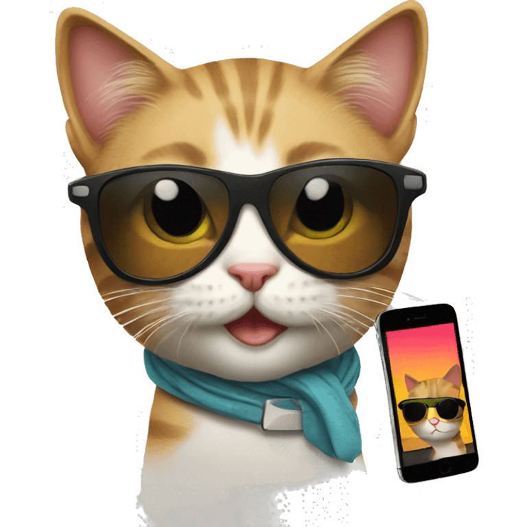 a cute cat whit sunglasses and a ipone emoji