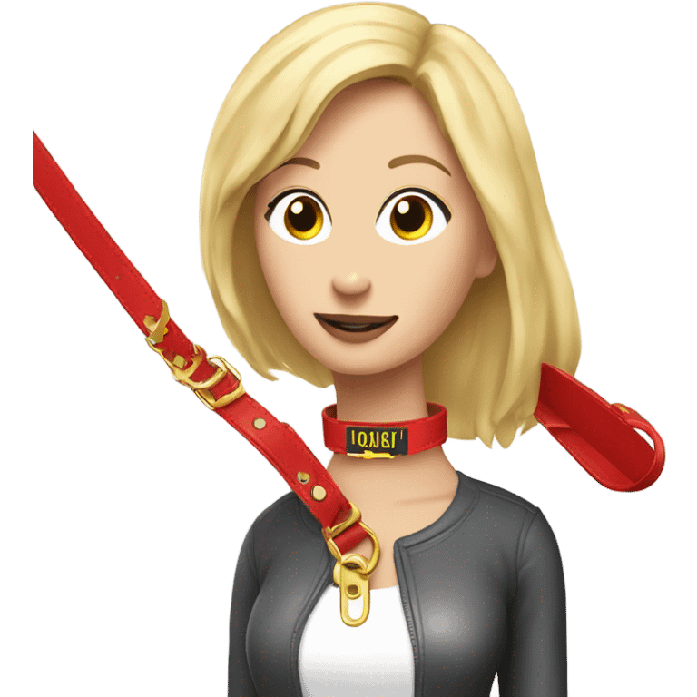 Put a Red leather dog collar and golden tag on a blond white human female with medium length hair and add a red leash connected to the collar emoji