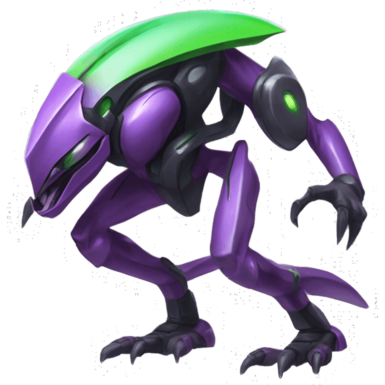 a shiny black-purple-green Genesect-Raptor-Fakémon—hybrid with a futuristic visor-helmet full body emoji