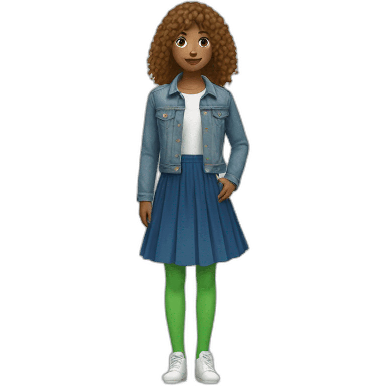 Girl with bangs and tail, in blue denim jacket, white T-shirt, green tights and elongated blue chiffon skirt emoji