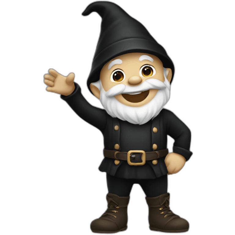 Gnome dressed in black waving with a smile emoji