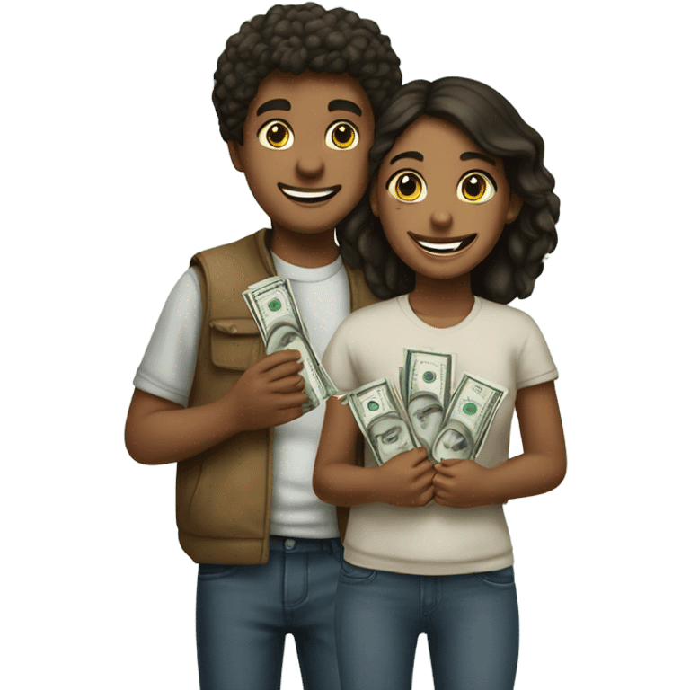 Girl & boy with $5 bills and smiles emoji