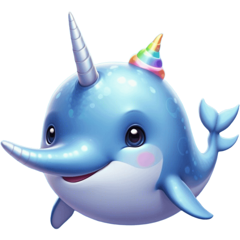 Cinematic Cute Cute Narwhal Portrait Emoji, Head tilted playfully and inquisitively, featuring a charming, sleek body with softly iridescent skin, a prominently spiraled tusk and large, twinkling eyes full of gentle wonder, Simplified yet irresistibly adorable features, highly detailed, glowing with a warm, inviting ocean glow, high shine, affectionate and lively, stylized with a touch of magical sea whimsy, soft glowing outline, capturing the essence of a mischievous yet endearing cute narwhal that seems as if it could frolic out of the screen into your heart! emoji