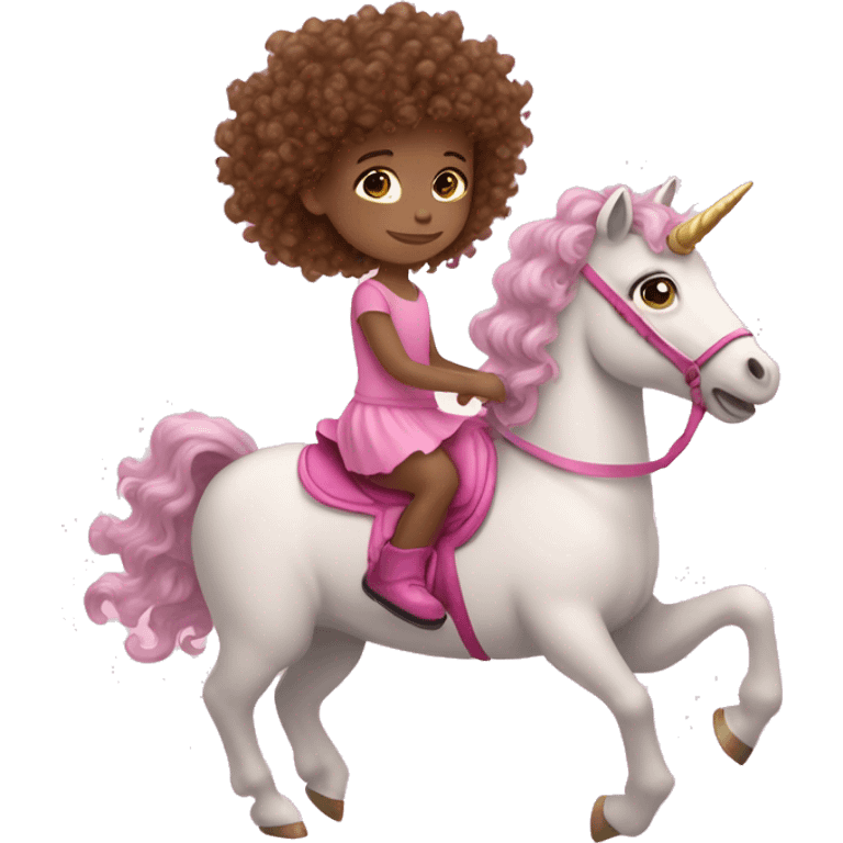 Brown curly hair light skin little girl riding a pink unicorn emoji