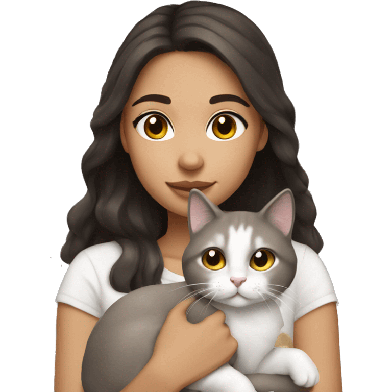 Latin girl, dark brown hair, hazel eyes holding white and grey cat emoji