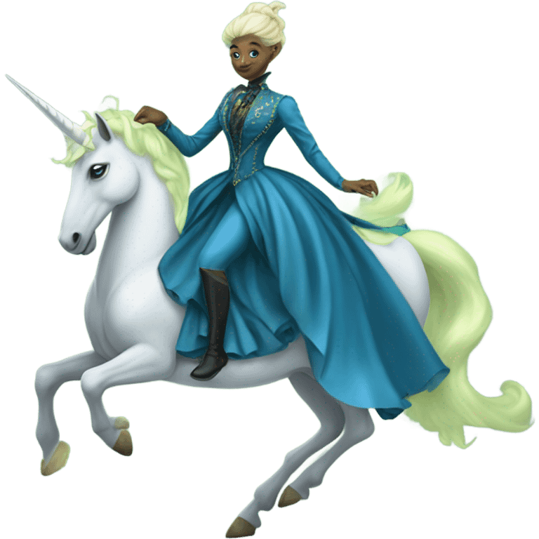 "galora green blonde alien woman" in blue Victorian dress elegant, full body, on unicorn white emoji