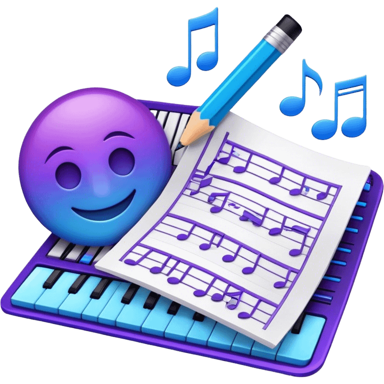 Emoji that represents music track writing. The design should feature a music composition sheet with musical notes and lyrics, a digital audio workstation (DAW) interface or soundwaves, and a pencil or pen to symbolize the writing process. Add a touch of technology with subtle elements like sound mixing sliders or waveform graphics. Use a blend of vibrant and inspiring colors, such as electric blue or neon purple, to evoke a sense of creativity and innovation. The background should be transparent. emoji