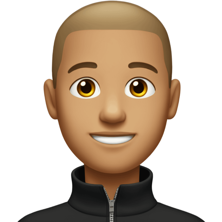 boy with very light brown skin, buzz cut, no facial hair, wearing a smart black quarter zip jumper with white t shirt underneath. emoji