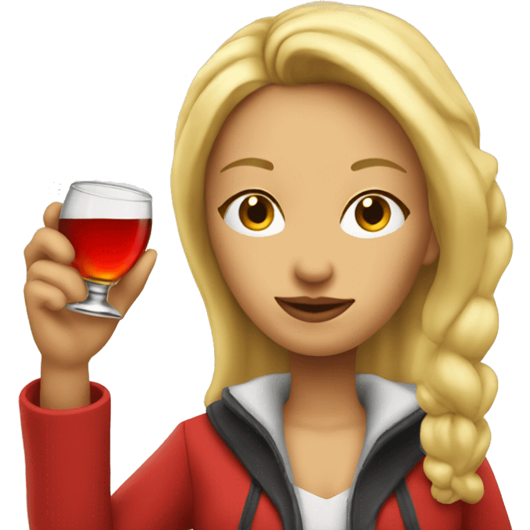 Blond woman with red jacket drinking a shot emoji