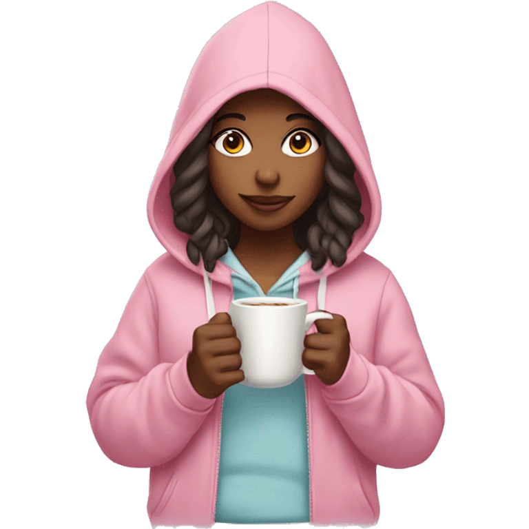 girl wearing baby pink hoodie and holding a cup  emoji